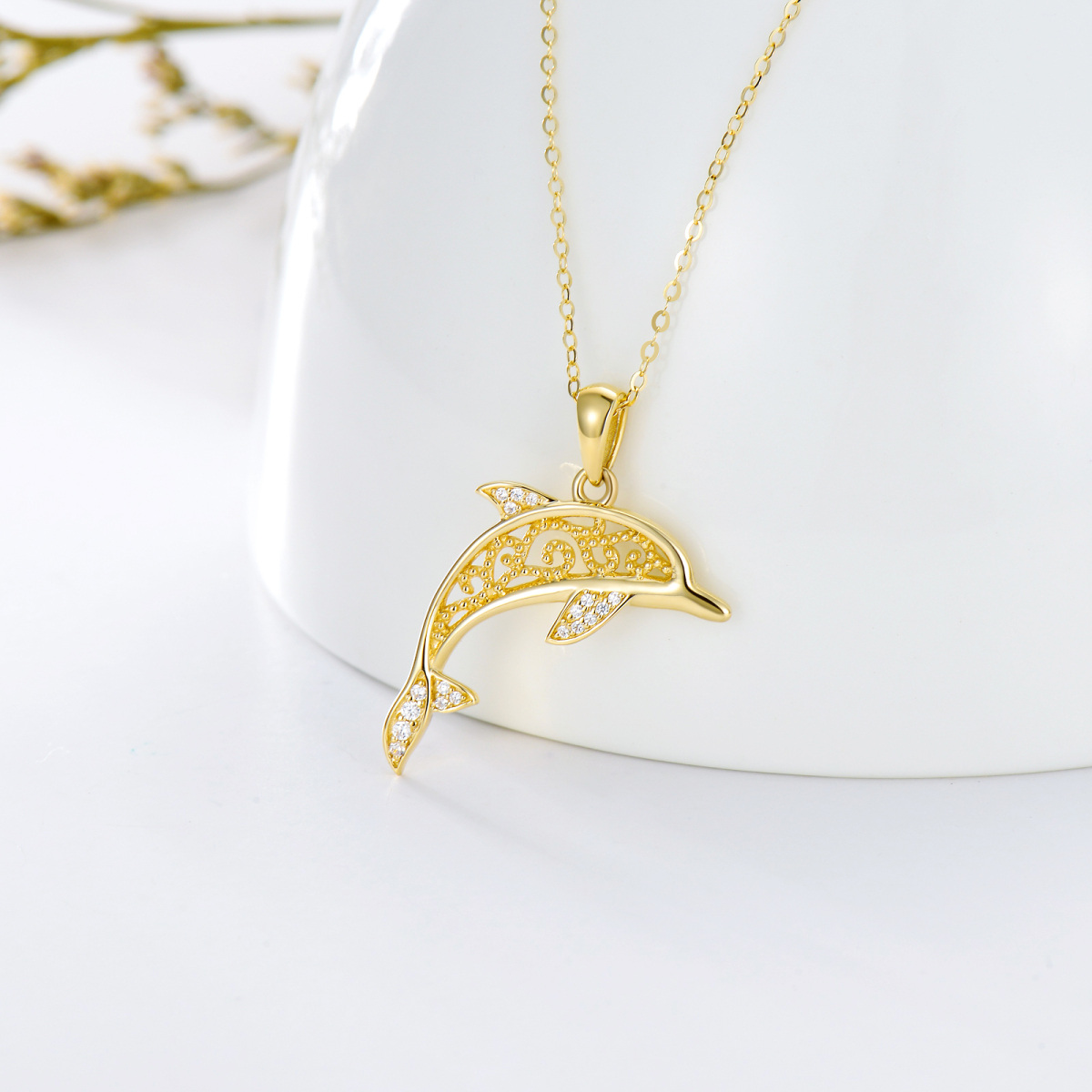 14K Gold Cubic Zirconia Dolphin Pendant Necklace-4