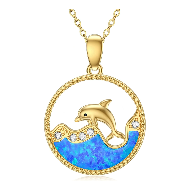 10K Gold Cubic Zirconia Dolphin Pendant Necklace-1