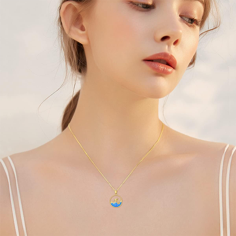 14K Gold Cubic Zirconia Dolphin Pendant Necklace-2