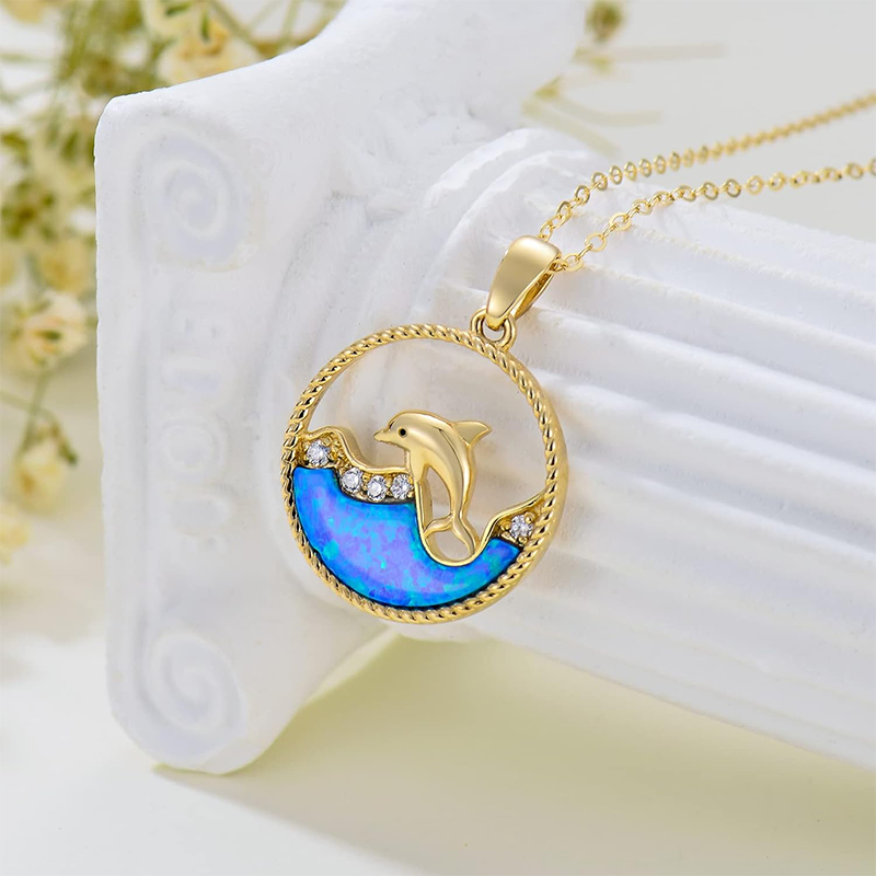 10K Gold Cubic Zirconia Dolphin Pendant Necklace-3