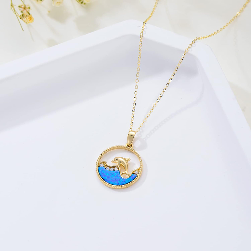 10K Gold Cubic Zirconia Dolphin Pendant Necklace-4