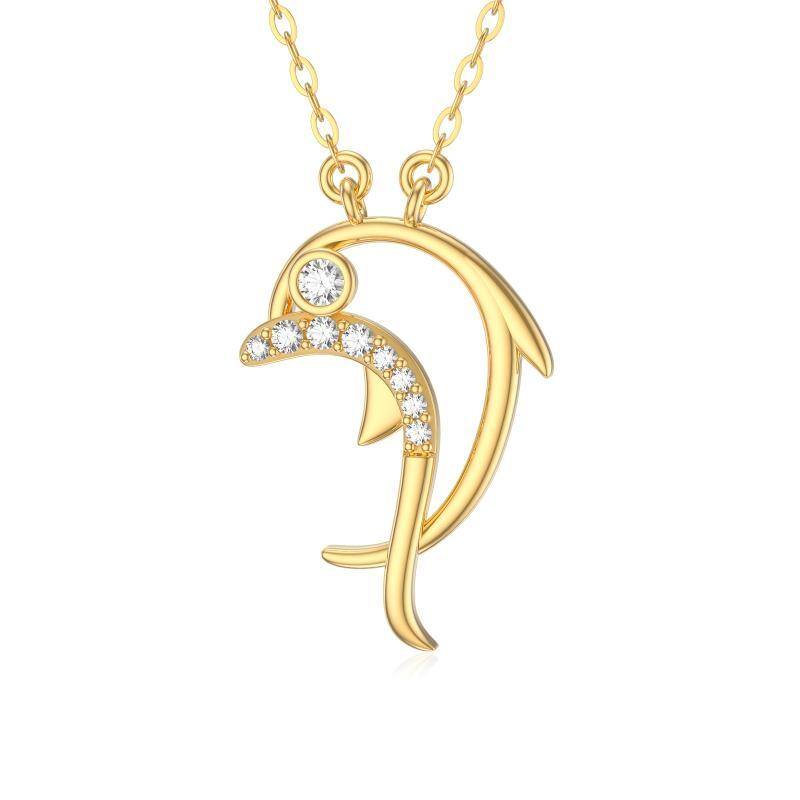 Collana con ciondolo a forma di delfino con zirconia cubica in oro 14K-1