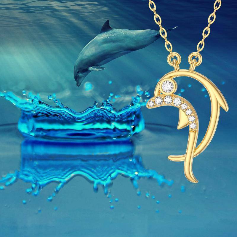 10K Gold Cubic Zirconia Dolphin Pendant Necklace-5
