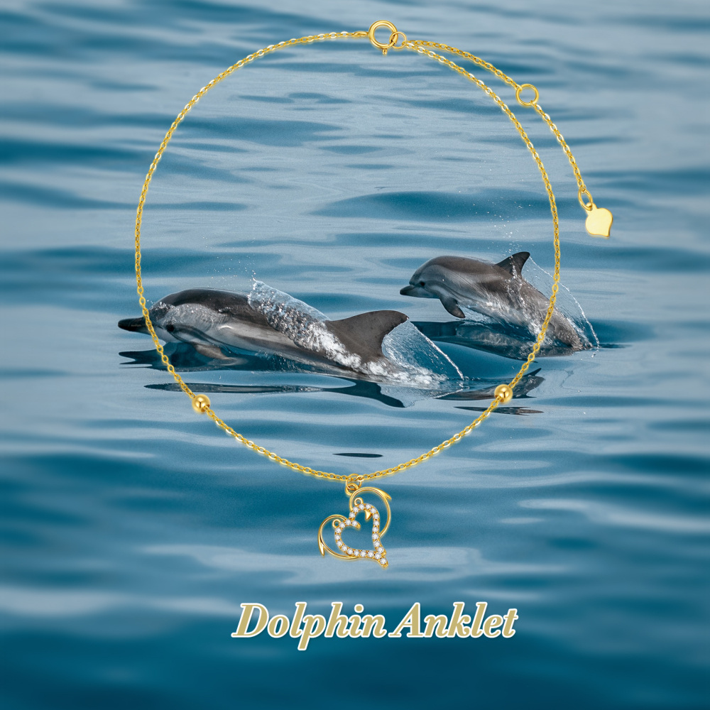 10K Gold Cubic Zirconia Dolphin Single Layer Anklet-6