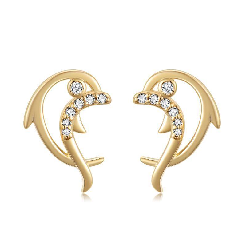 10K Gold Cubic Zirconia Dolphin Stud Earrings-1