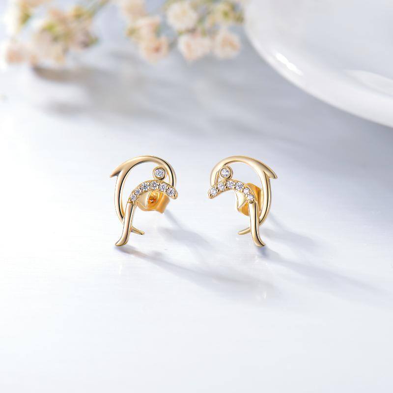 Orecchini con perno a forma di delfino con zirconia cubica in oro 14K-3