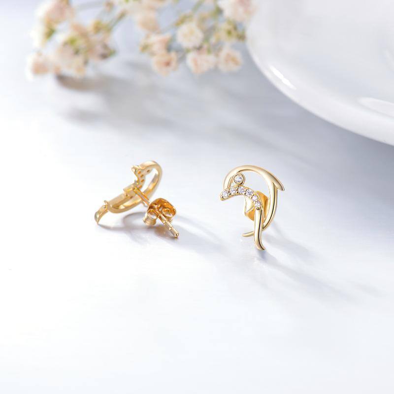 10K Gold Cubic Zirconia Dolphin Stud Earrings-4