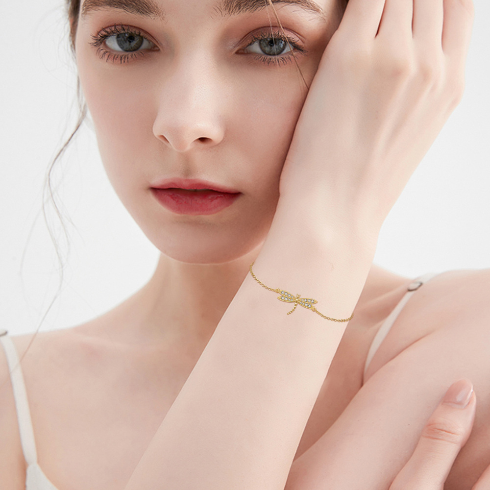 10K Gold Cubic Zirconia Dragonfly Bracelet for Women-2