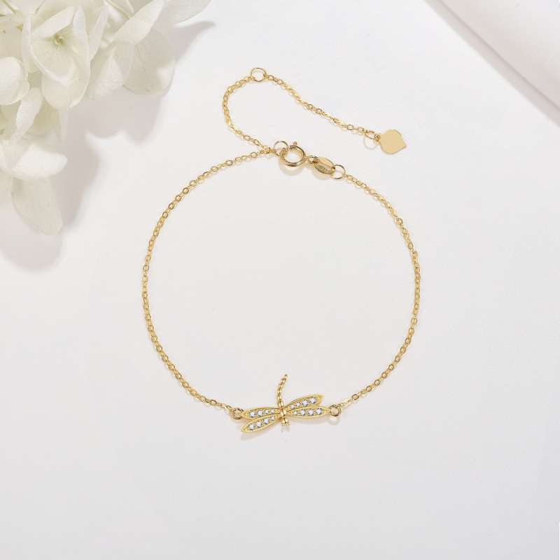 Pulsera de oro de 14 quilates con circonita cúbica y libélula para mujer-4