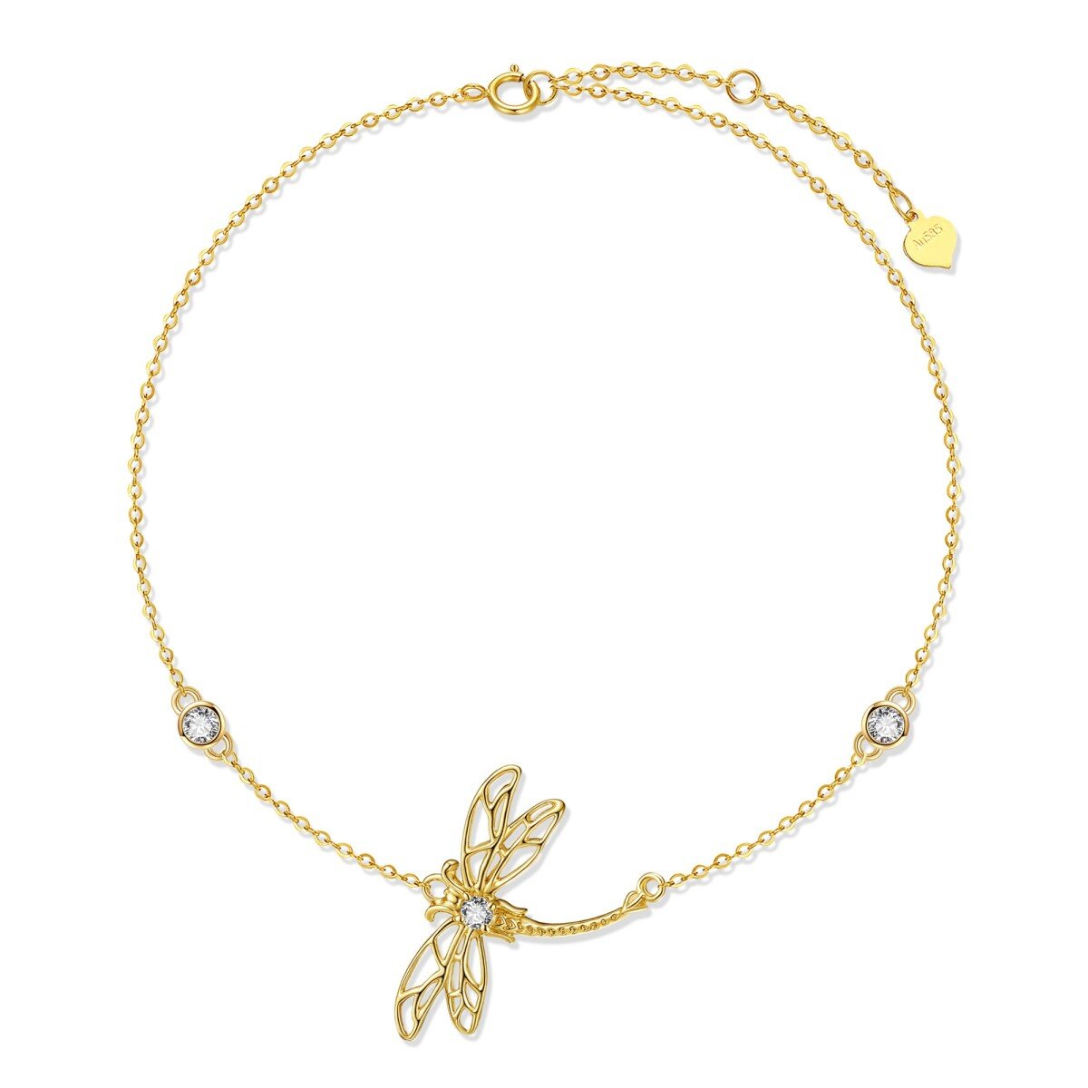 Pulseira com pingente de libélula e zircônia cúbica de ouro 14K-1