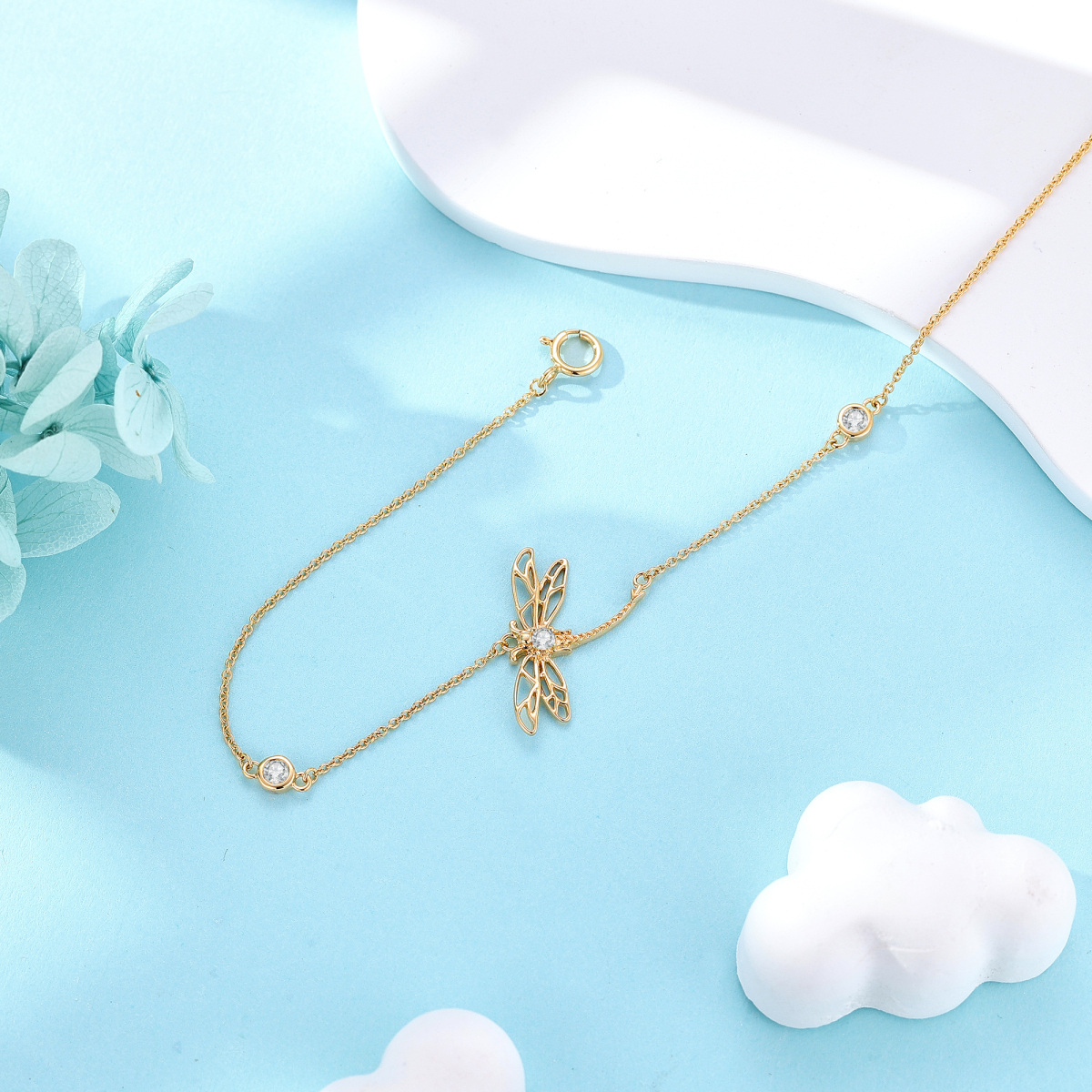 18K Gold Cubic Zirconia Dragonfly Charm Bracelet-2