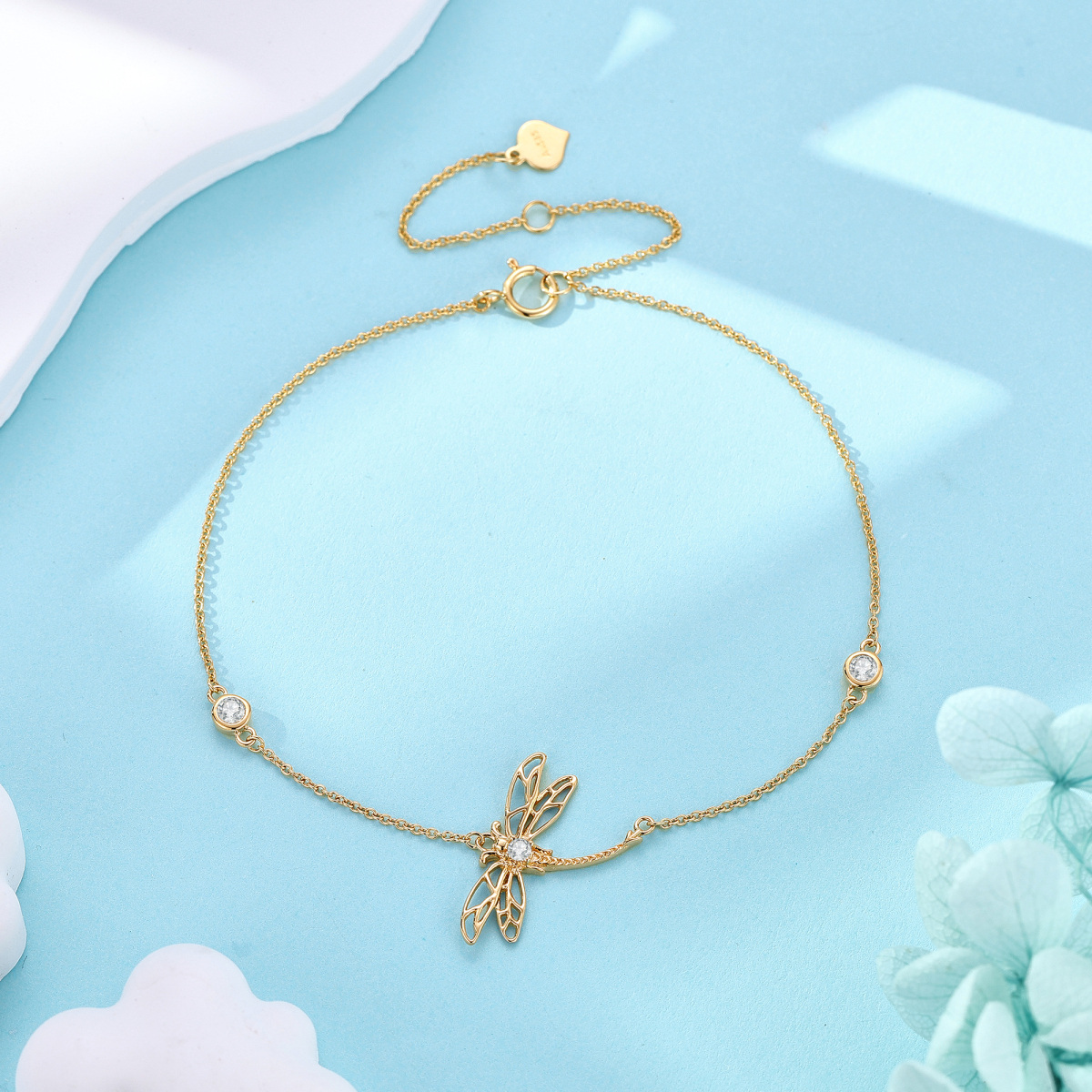 18K Gold Cubic Zirconia Dragonfly Charm Bracelet-3