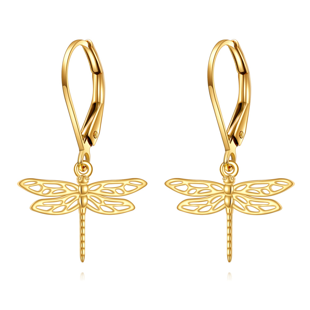 10K Gold Dragonfly Drop Earrings-1