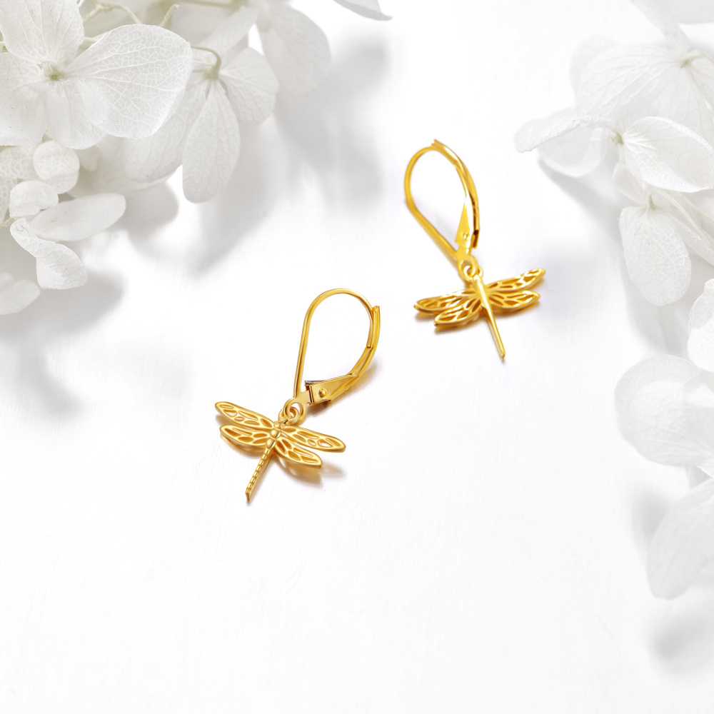 10K Gold Dragonfly Drop Earrings-4