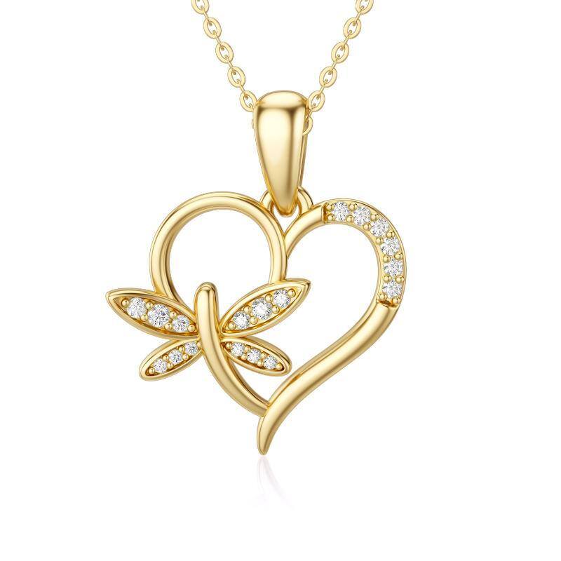 Collana con ciondolo a forma di libellula e cuore in oro 18K con zirconia cubica-1