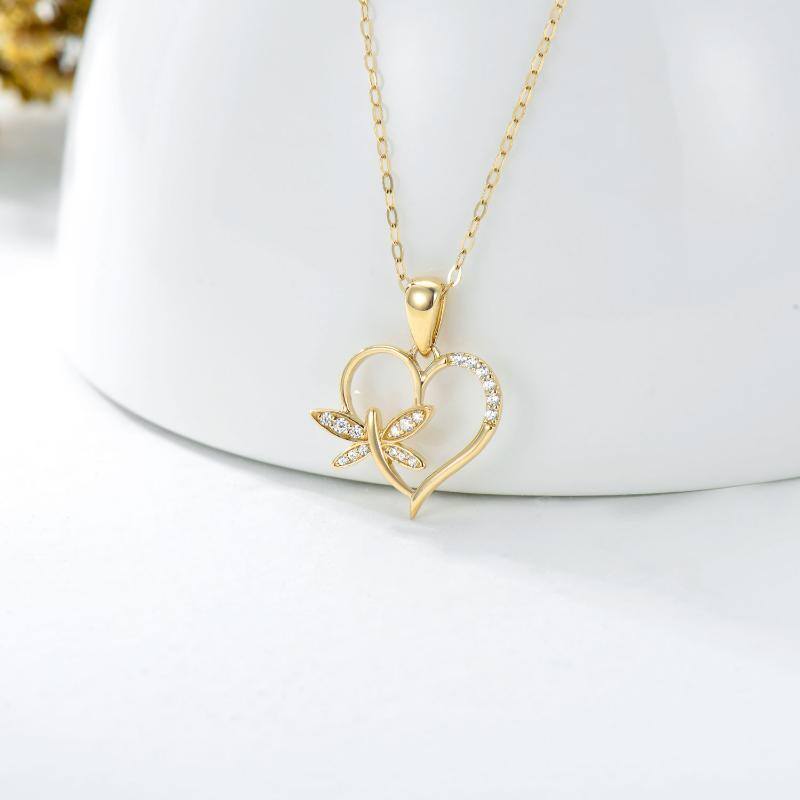 18K Gold Cubic Zirconia Dragonfly & Heart Pendant Necklace-4