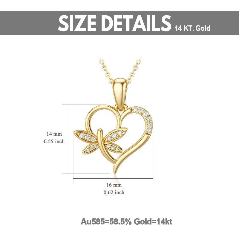 Collana con ciondolo a forma di libellula e cuore in oro 18K con zirconia cubica-6