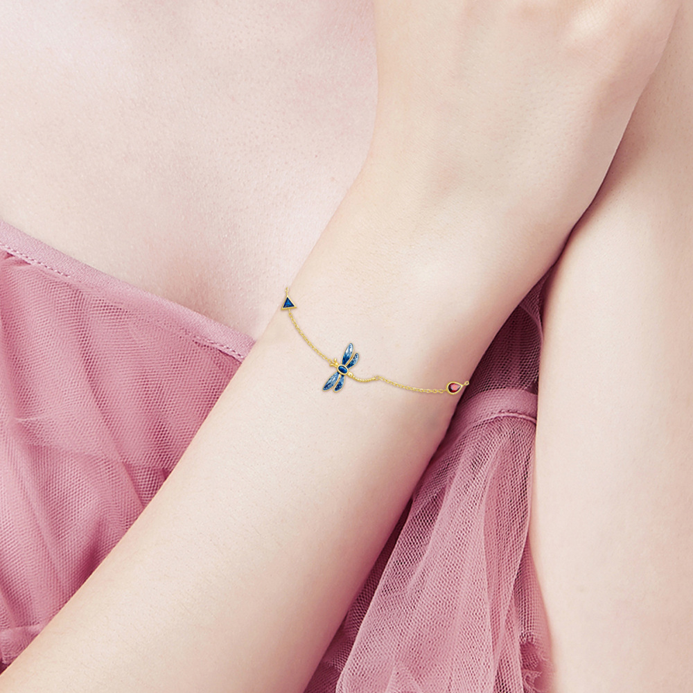 10K Gold Cubic Zirconia Dragonfly Charm Bracelet with Bead Station Chain-2