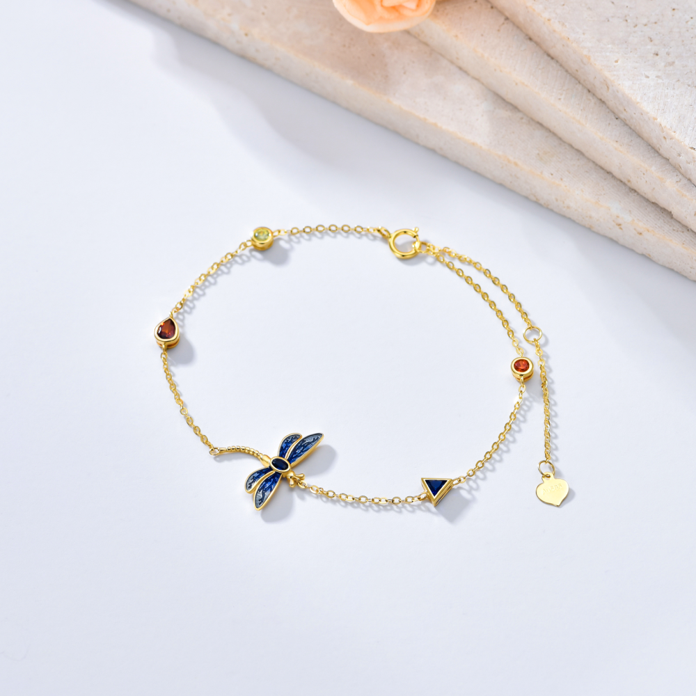 10K Gold Cubic Zirconia Dragonfly Charm Bracelet with Bead Station Chain-3