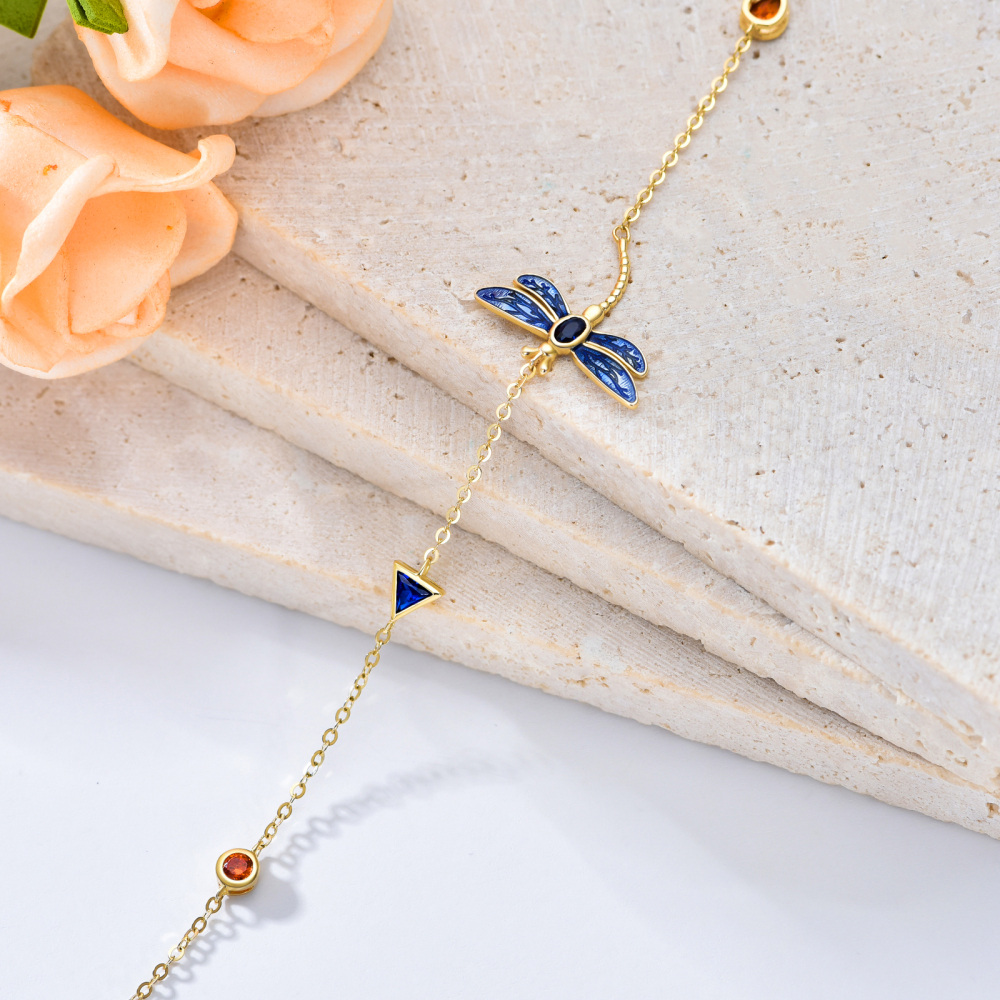 10K Gold Cubic Zirconia Dragonfly Charm Bracelet with Bead Station Chain-4