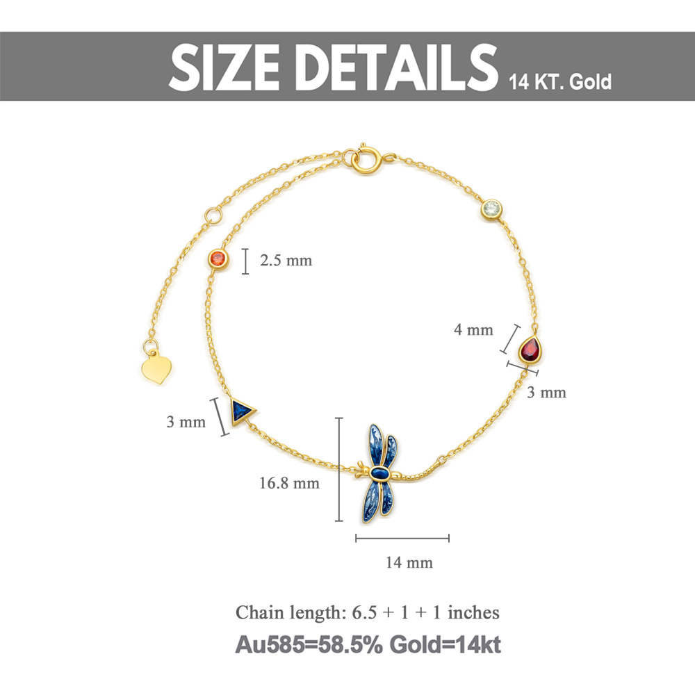 10K Gold Cubic Zirconia Dragonfly Charm Bracelet with Bead Station Chain-5