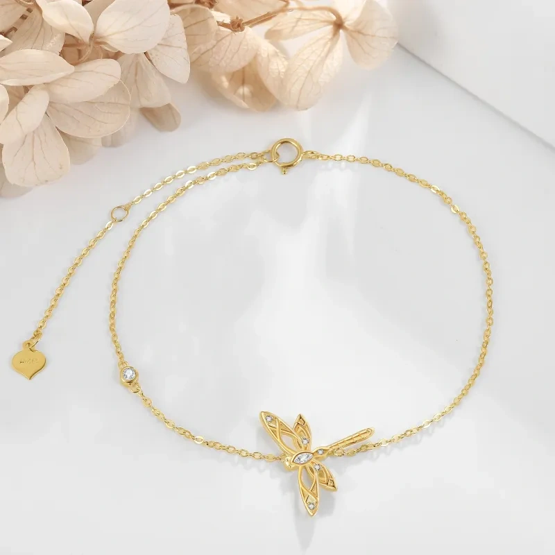 10K Gold Cubic Zirconia Dragonfly Charm Bracelet-3