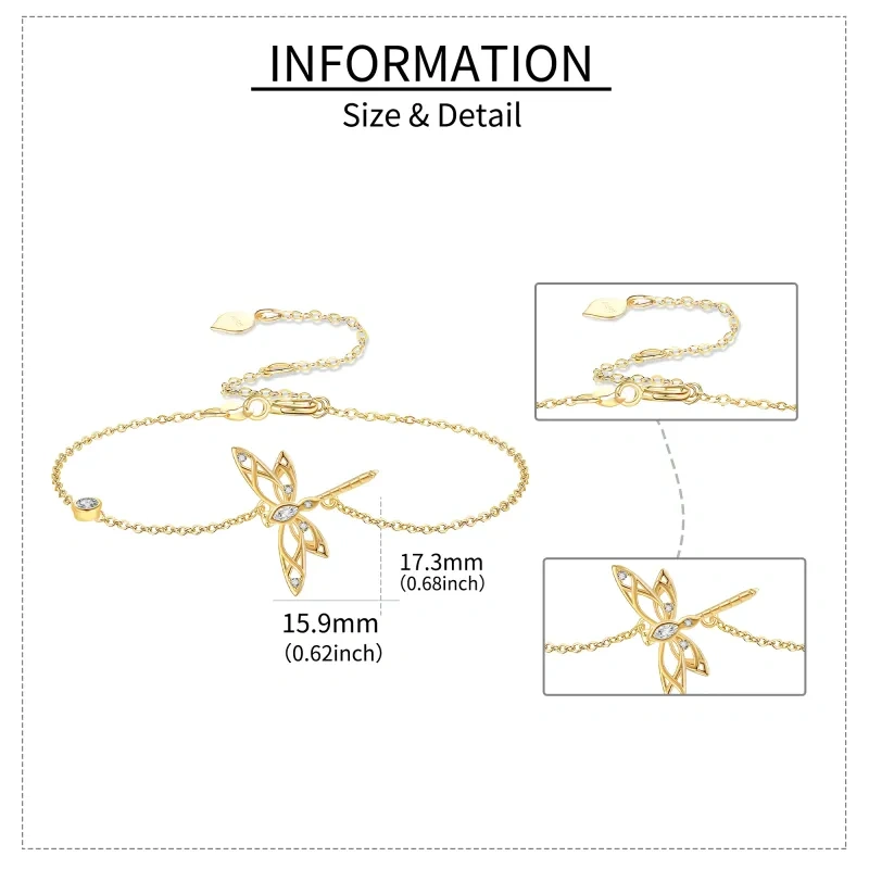 10K Gold Cubic Zirconia Dragonfly Charm Bracelet-4