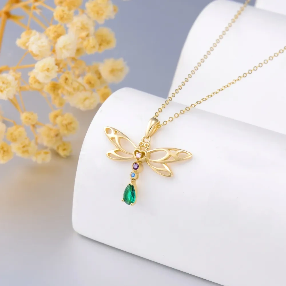 10K Gold Cubic Zirconia Dragonfly Pendant Necklace-3