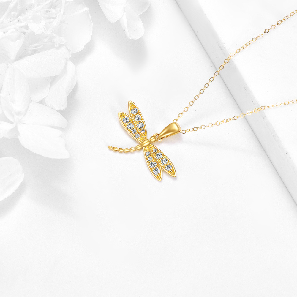 10K Oro Cúbico Zirconia Libélula Colgante Collar-3