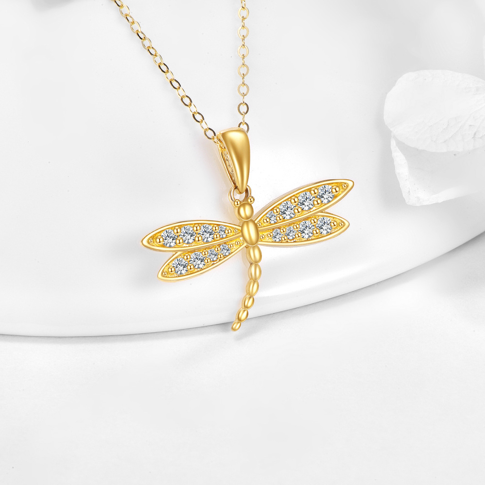 10K Oro Cúbico Zirconia Libélula Colgante Collar-4