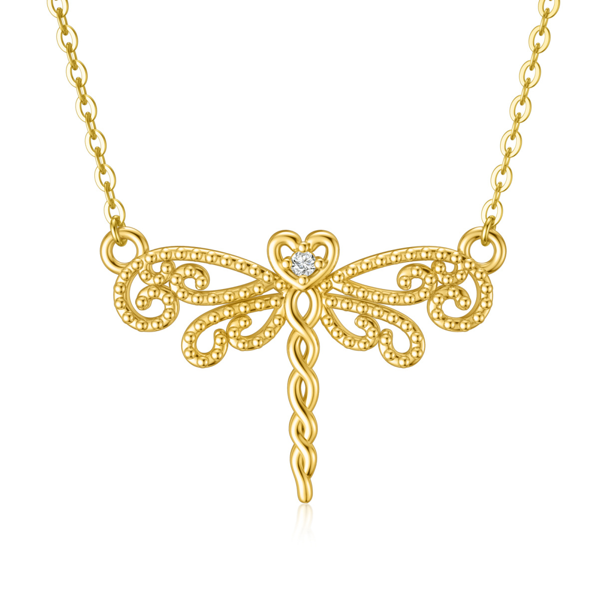 10K Gold Cubic Zirconia Dragonfly Pendant Necklace-1