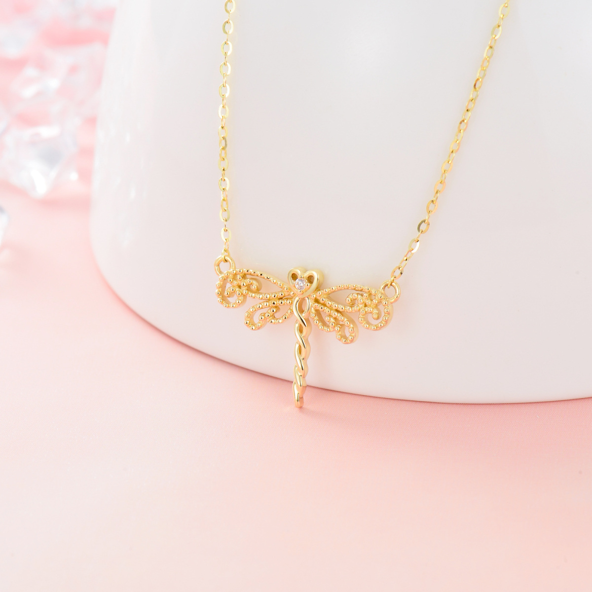 10K Gold Cubic Zirconia Dragonfly Pendant Necklace-3