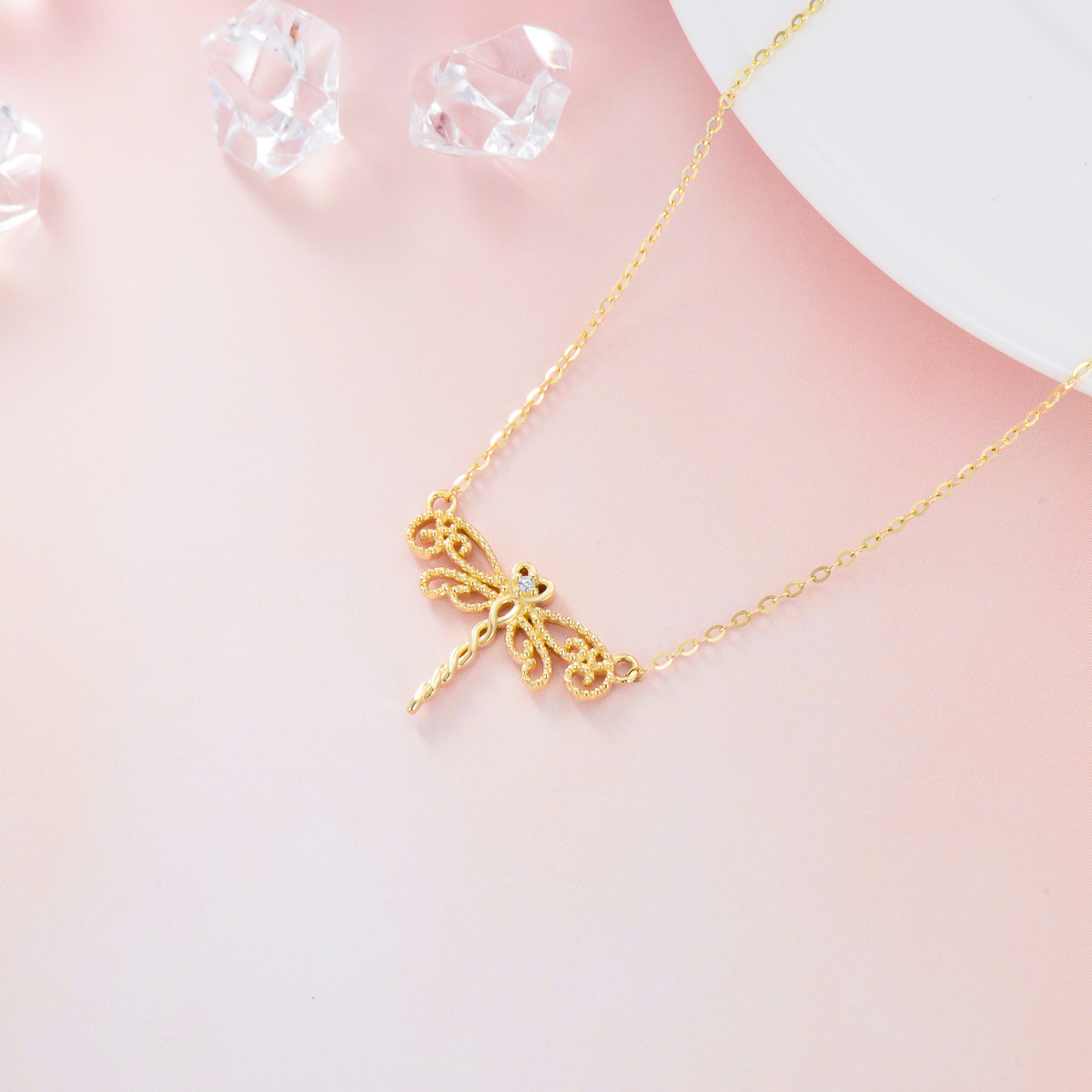 10K Gold Cubic Zirconia Dragonfly Pendant Necklace-4