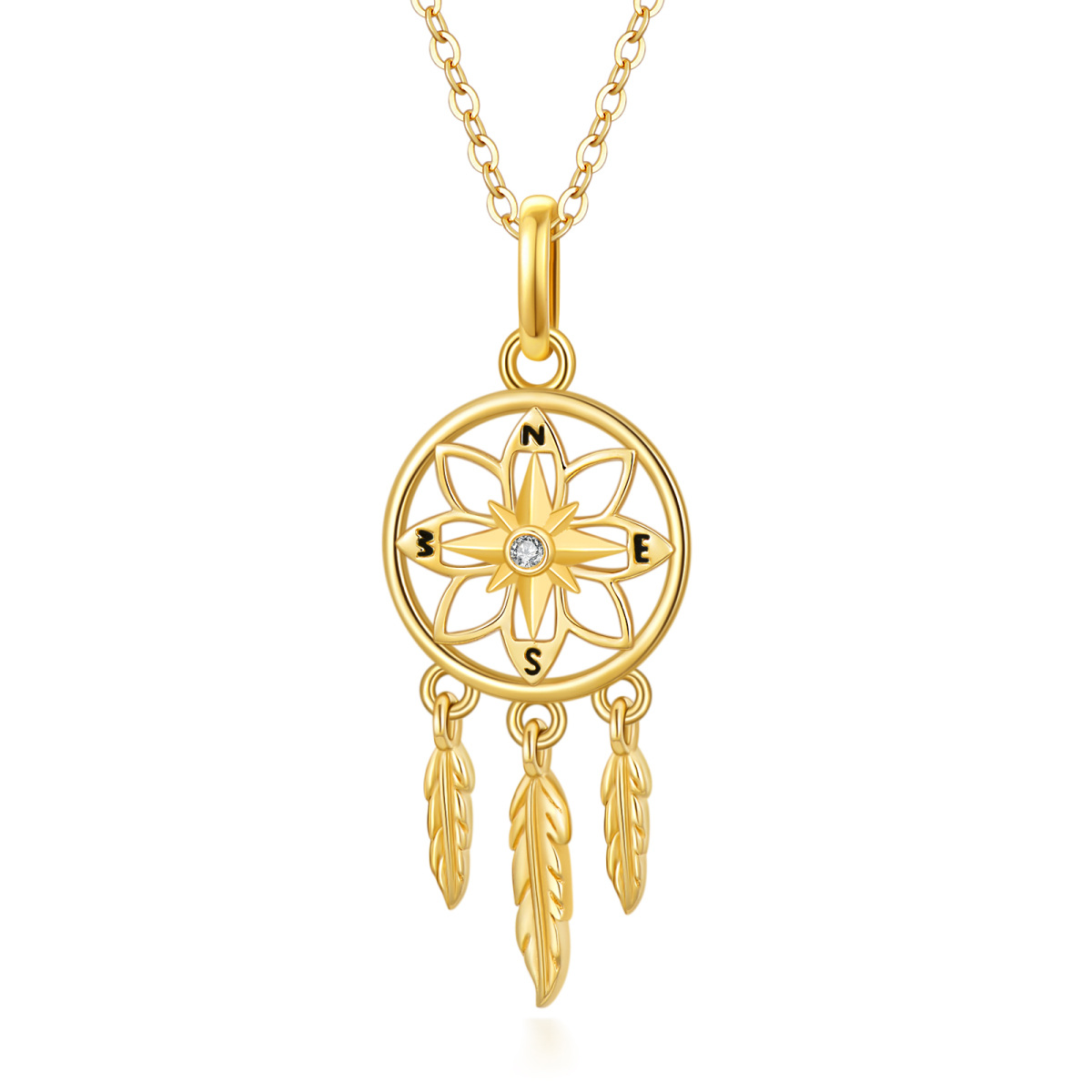 10K Gold Cubic Zirconia Dream Catcher Pendant Necklace-1