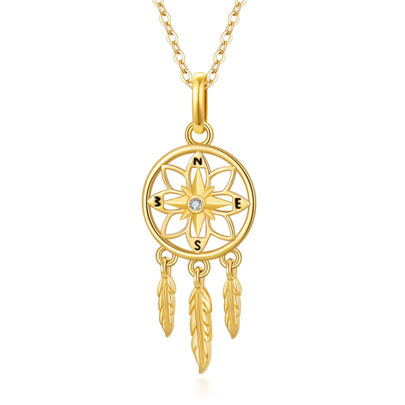 18K Gold Cubic Zirconia Dream Catcher Pendant Necklace-1