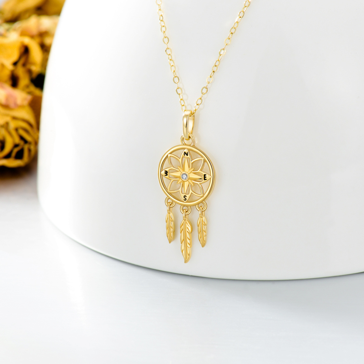 10K Gold Cubic Zirconia Dream Catcher Pendant Necklace-3