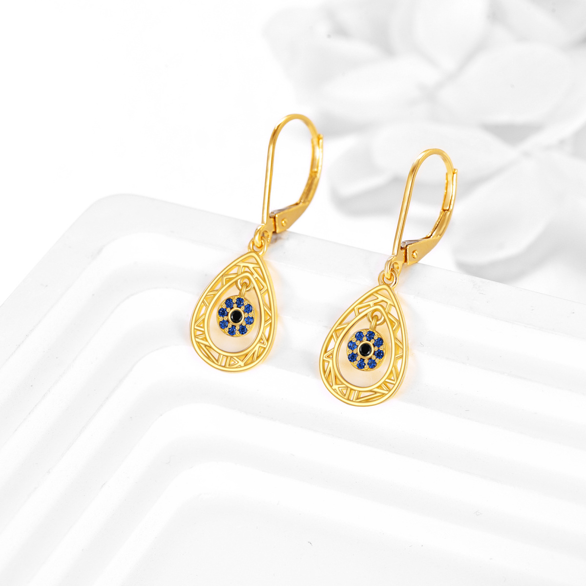 10K Gold Cubic Zirconia Drop Evil Eye Lever-back Earrings for Women-3