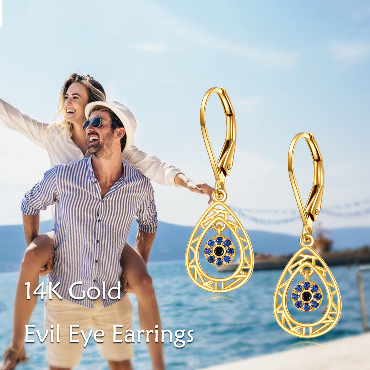 10K Gold Cubic Zirconia Drop Evil Eye Lever-back Earrings for Women-6