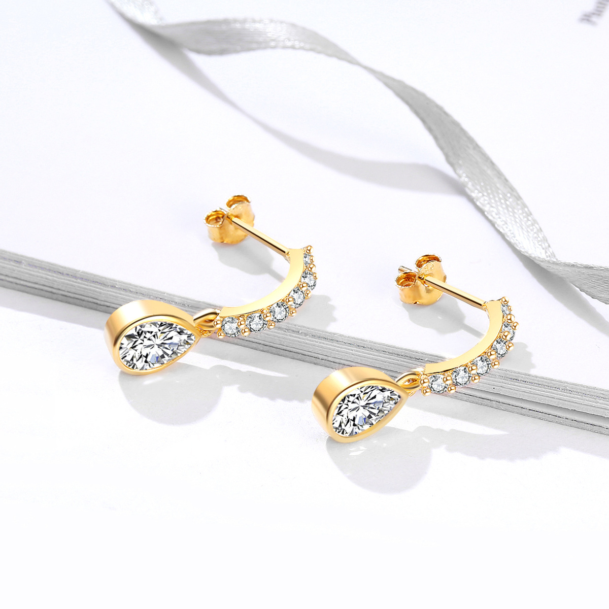 10K Gold Cubic Zirconia Drop Shape Drop Earrings for Women-3