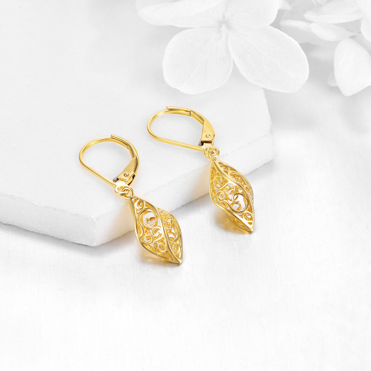 14K Gold Drop Shape Lever-back Earrings-3