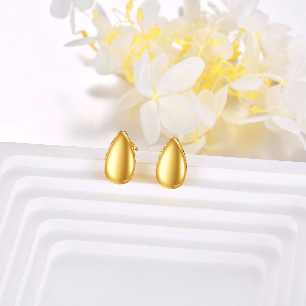 10K Gold Drop Shape Stud Earrings-3