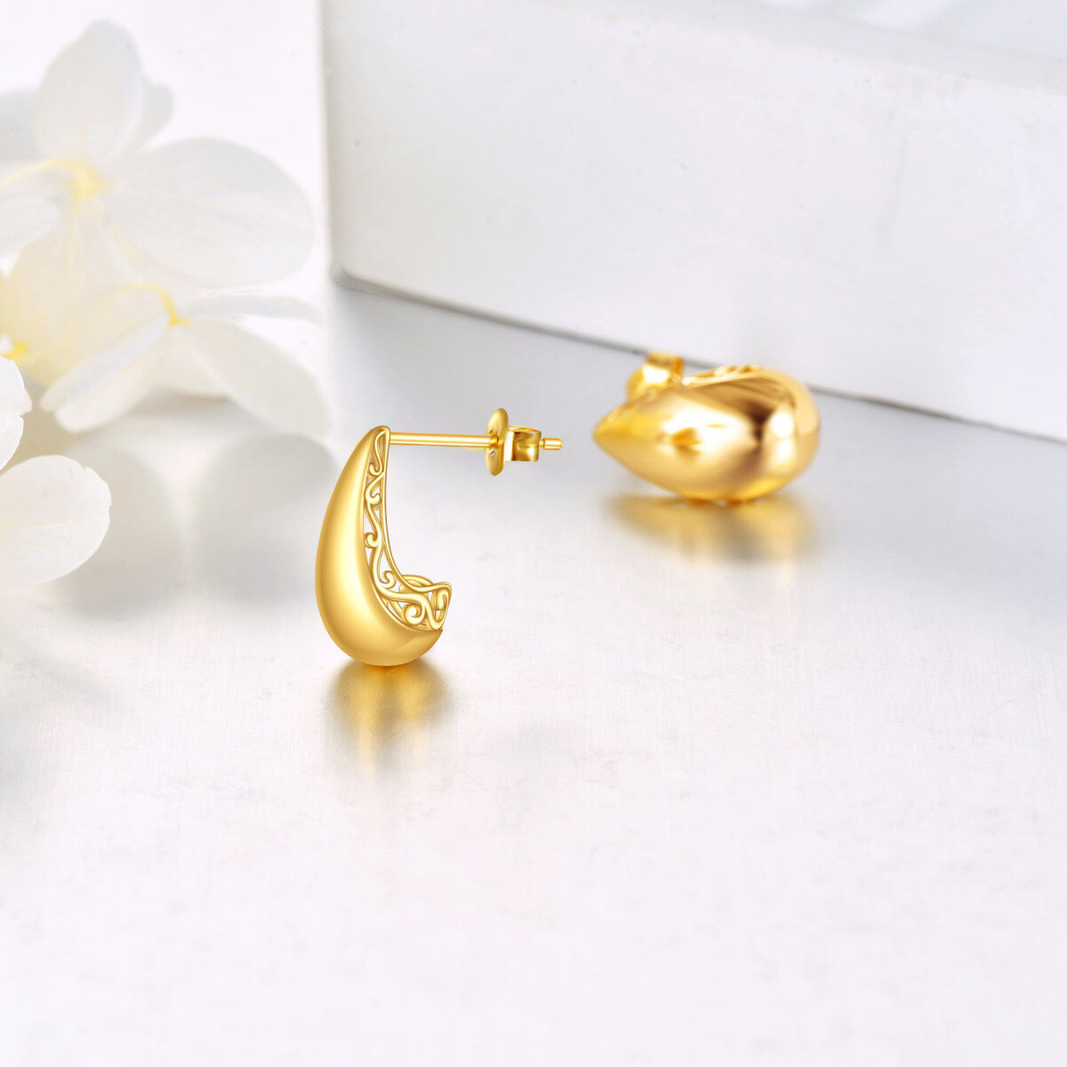 10K Gold Drop Shape Stud Earrings-4