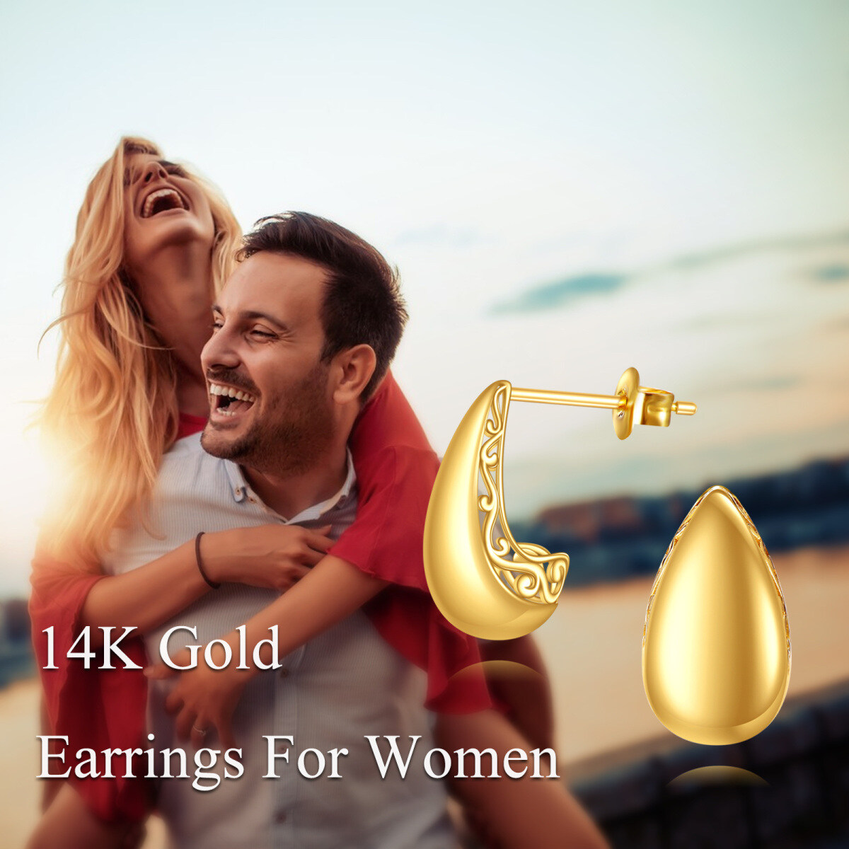 10K Gold Drop Shape Stud Earrings-5