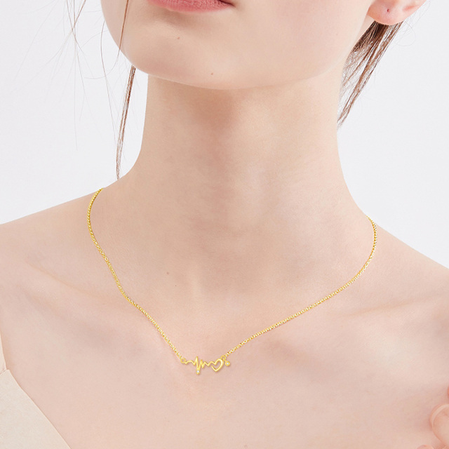 Collier pendentif électrocardiogramme en or 14K à zircon cubique-2