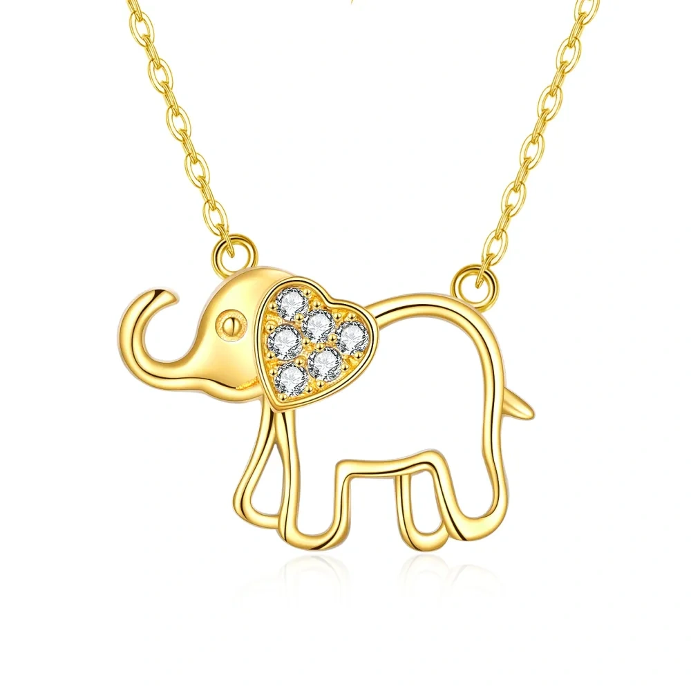 10K Gold Cubic Zirconia Elephant & Heart Pendant Necklace-1