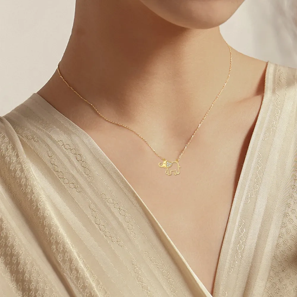 10K Gold Cubic Zirconia Elephant & Heart Pendant Necklace-2