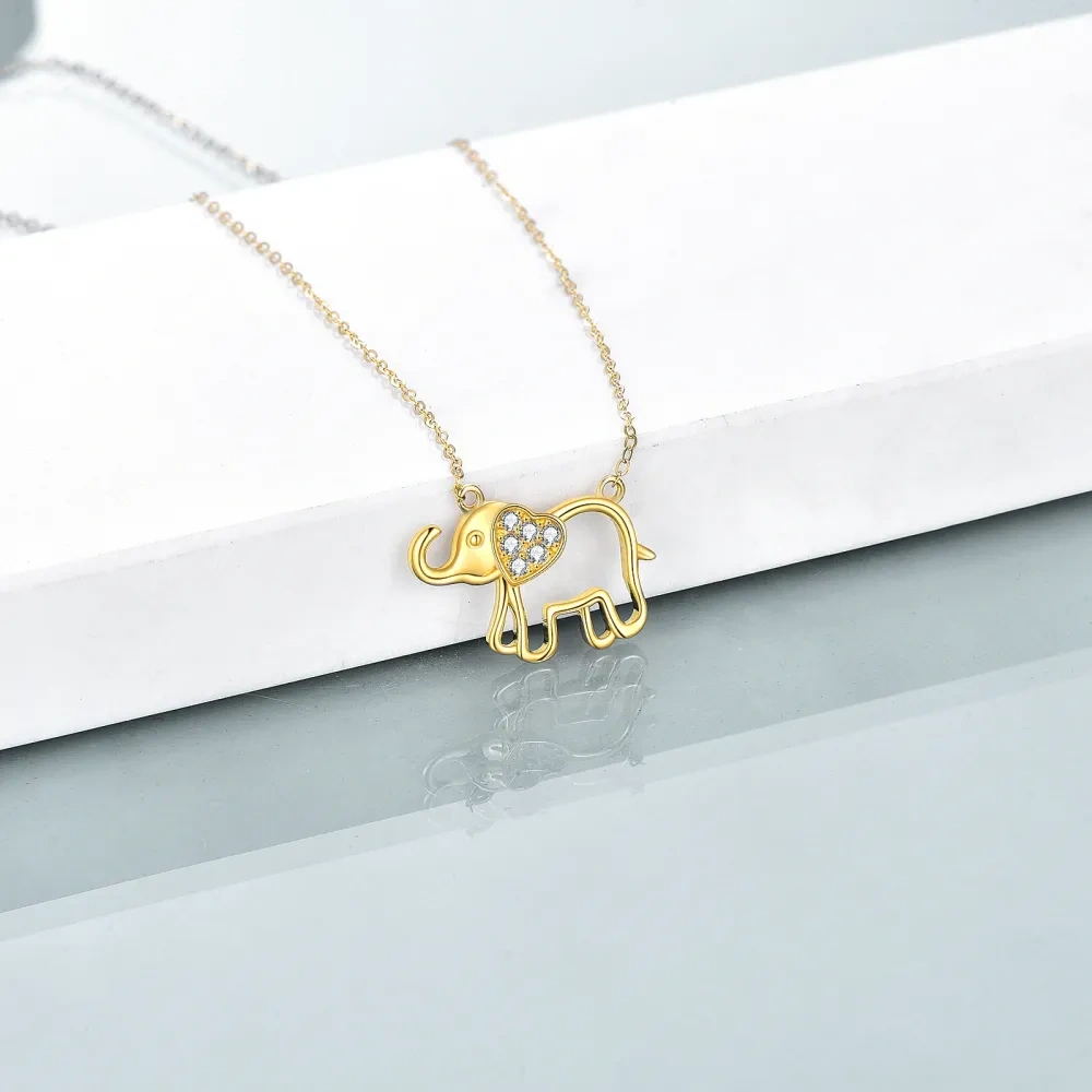 10K Gold Cubic Zirconia Elephant & Heart Pendant Necklace-3