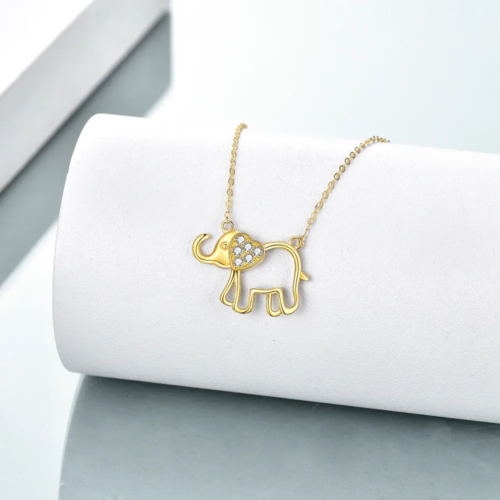 10K Gold Cubic Zirconia Elephant & Heart Pendant Necklace-4