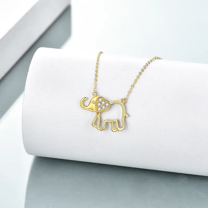 14K Gold Cubic Zirkonia Elefant & Herz-Anhänger Halskette-4