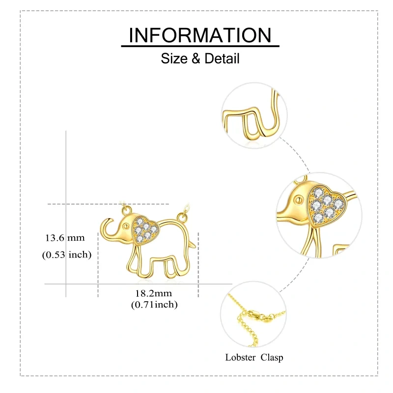 14K Gold Cubic Zirkonia Elefant & Herz-Anhänger Halskette-5